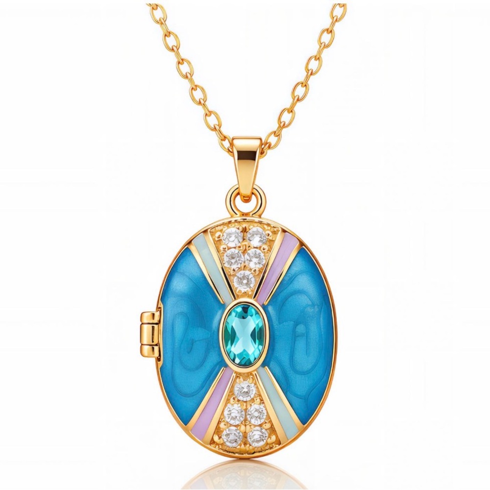 Blue and Pink Locket 18K Gold-Plated  Stainless Steel Crystal Necklace
